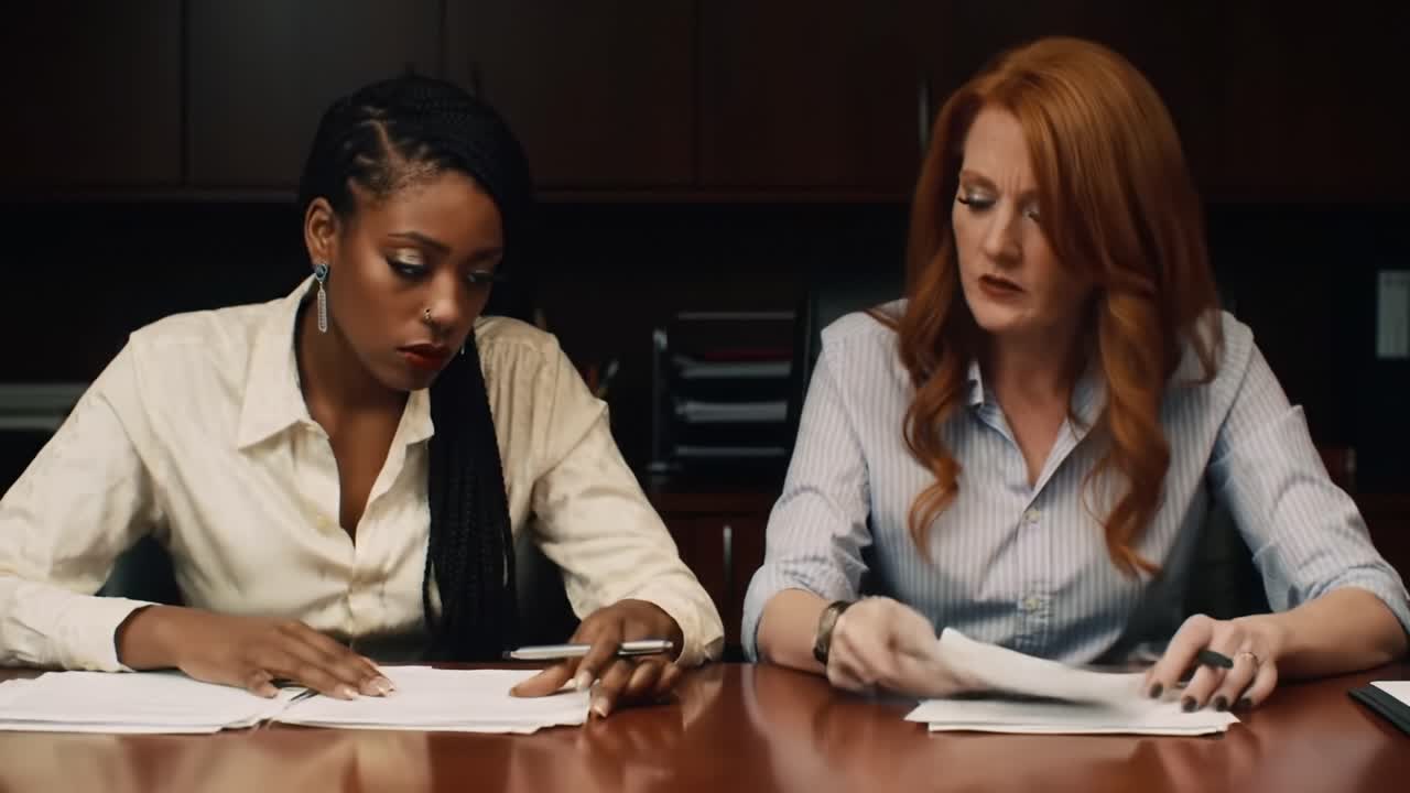 Focused Collaboration: Two Professionals Engaged in Detailed Review of Important Documents in a Corporate Setting