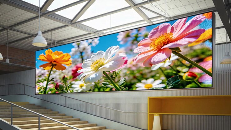 Afspilning starter, stort vægmonteret LED-panel panorerer makroblomster i moderne lobby for visuel interesse