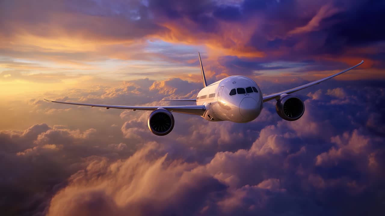 Vista mozzafiato di un aereo moderno che vola attraverso un cielo al tramonto vivido e pieno di nuvole colorate, catturando l'essenza del viaggio aereo e dell'avventura