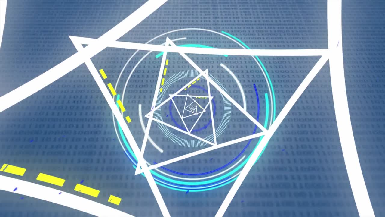 Animation of lines on triangular tunnel over circles, looping binary codes against blue background