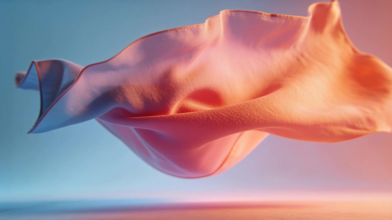 Una sciarpa di raso rosa fluttuante che si increspa e ruota per la corrente d'aria su uno sfondo blu caldo, mostrando le cuciture