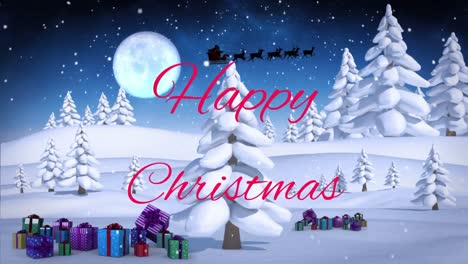 Animation-of-christmas-greetings-text-and-santa-claus-over-christmas-presents-in-winter-scenery
