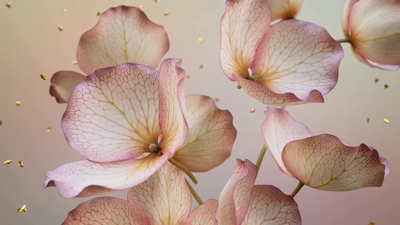 Petali di ortensia e steli verdi che fluttuano nella brezza, formando un bouquet su uno sfondo pastello con scaglie d'oro.