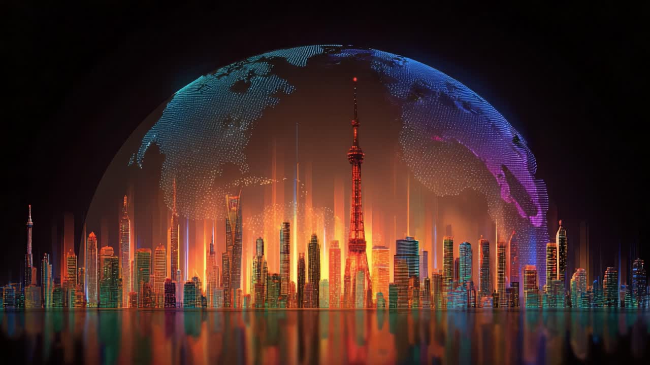 Animated futuristic city skyline reflecting on the water at night with a large, glowing, digital earth hologram rotating in the background, representing global technology and innovation