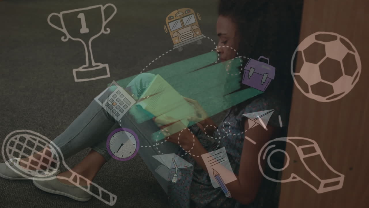 animación de objetos escolares iconos y gráficos sobre niña de escuela