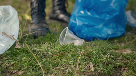 group of volunteers cleaning the forest from litter and plastic waste