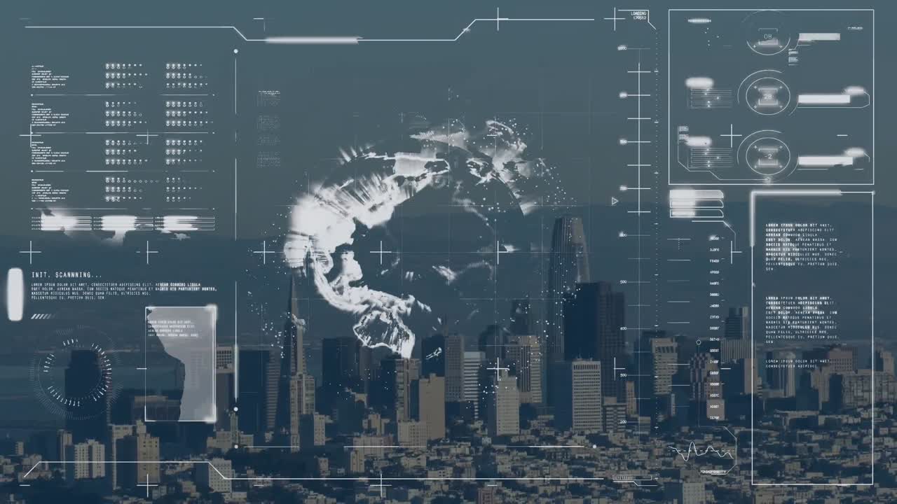 地球のアニメーションと都市風景上のデジタルデータ処理