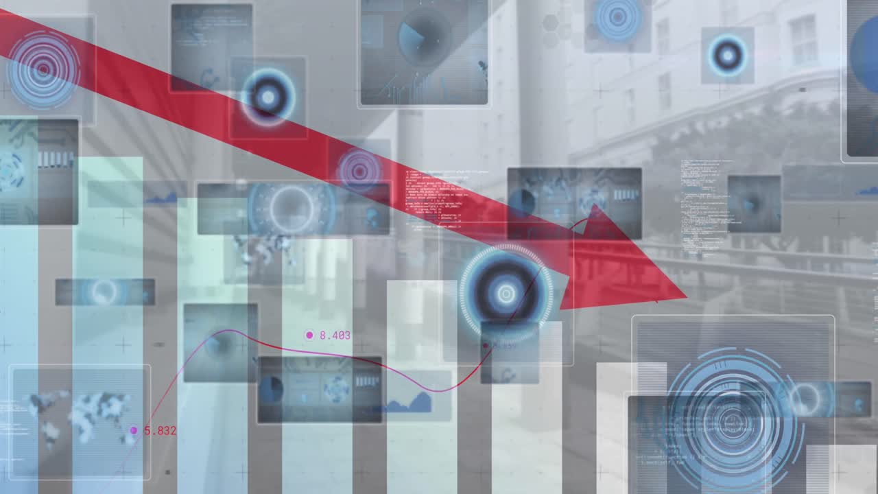 범위 스캐닝과 도시 풍경에 대한 금융 데이터 처리 애니메이션