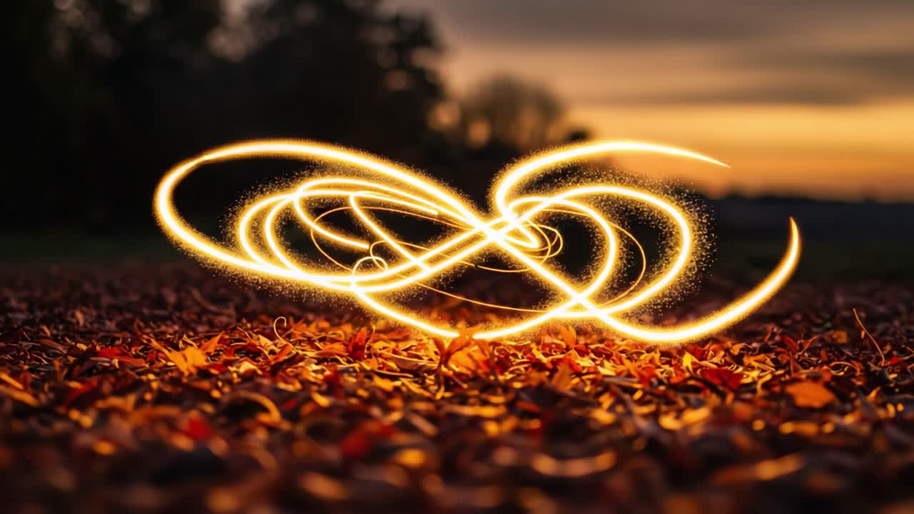 A Captivating Display of Light and Nature: Swirling Sparkles over Autumn Leaves at Dusk Creating a Magical Atmosphere in the Twilight