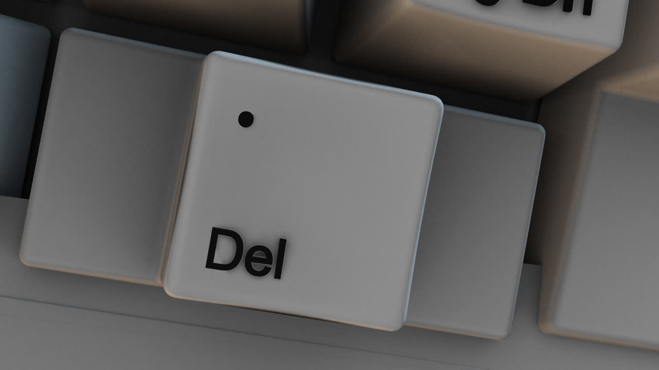 Slow Moving Close-up of Del Delete Button Key on Computer Keyboard. Great for business presentations, online education, and workplace productivity videos