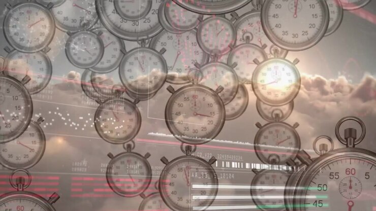 Sequence progressing over sky, watches drifting and overlapping, HUD pulsing, showing time for tech