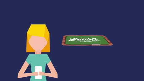 woman character with learn english animation
