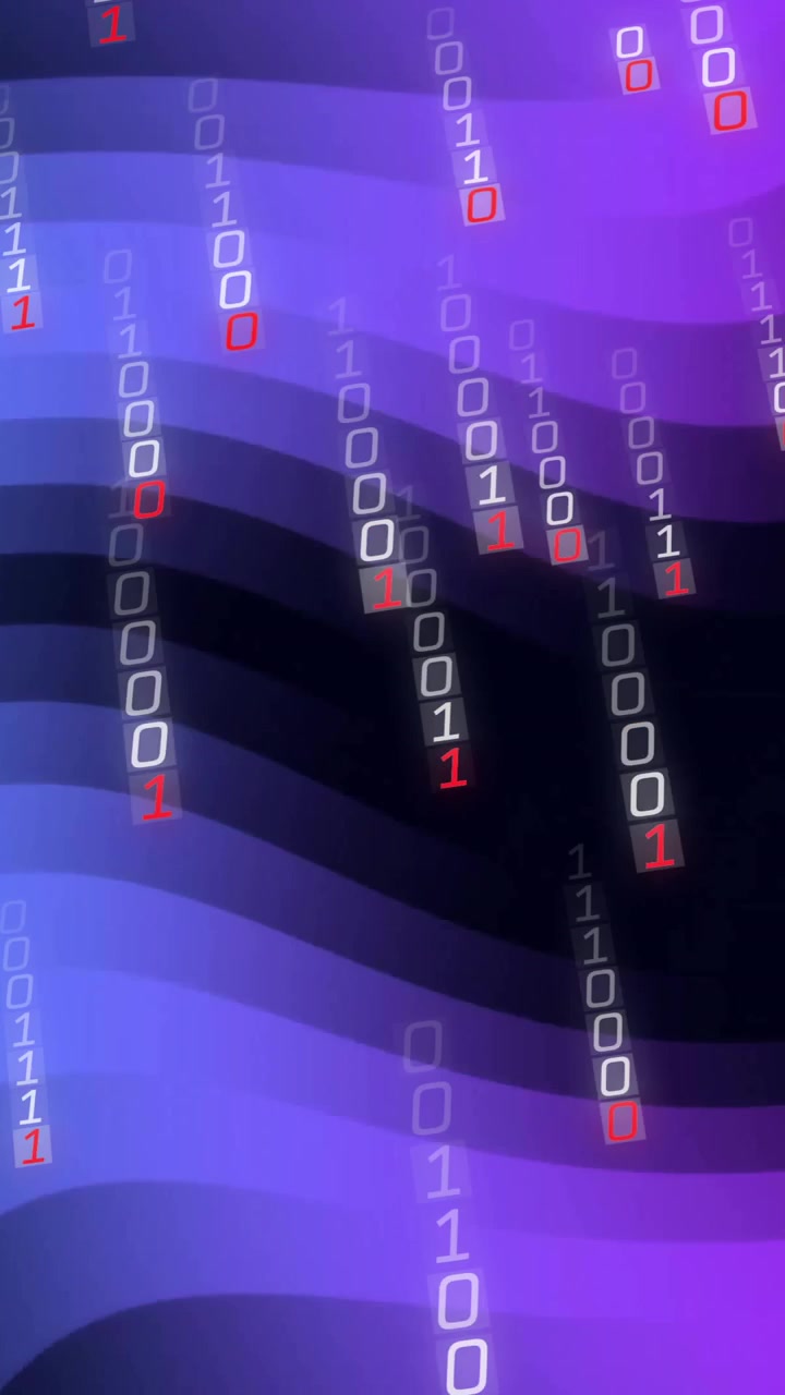 Binary code and data streams over purple and blue waves, digital animation
