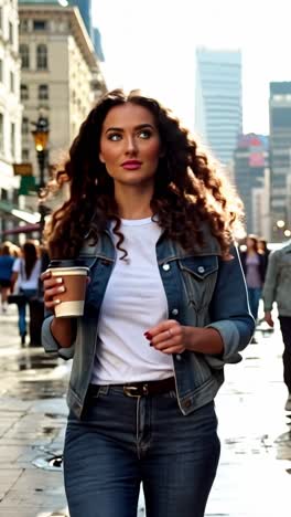 woman walking in a city street with coffee