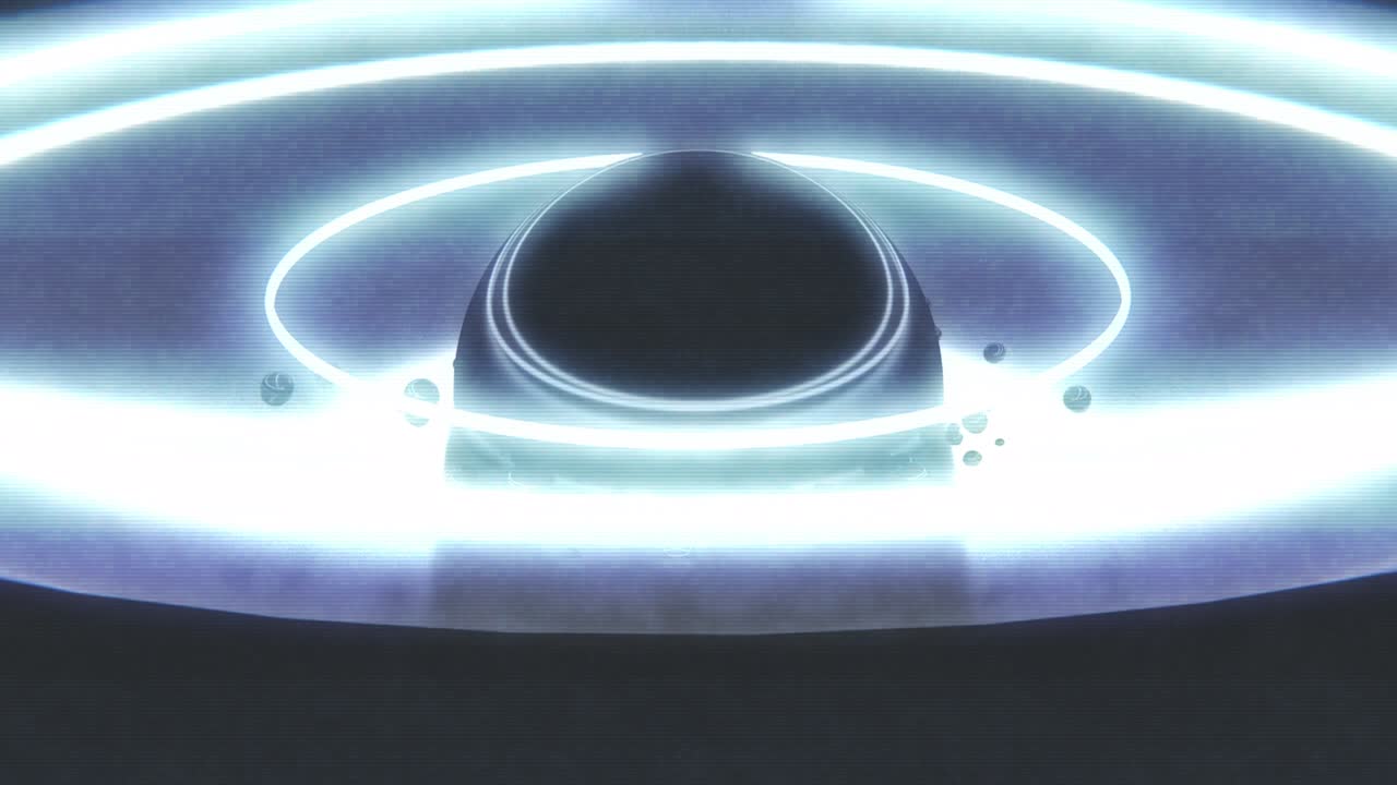 animación en 4k 3d que muestra pequeñas esferas negras fusionándose en una esfera más grande con un aspecto holográfico