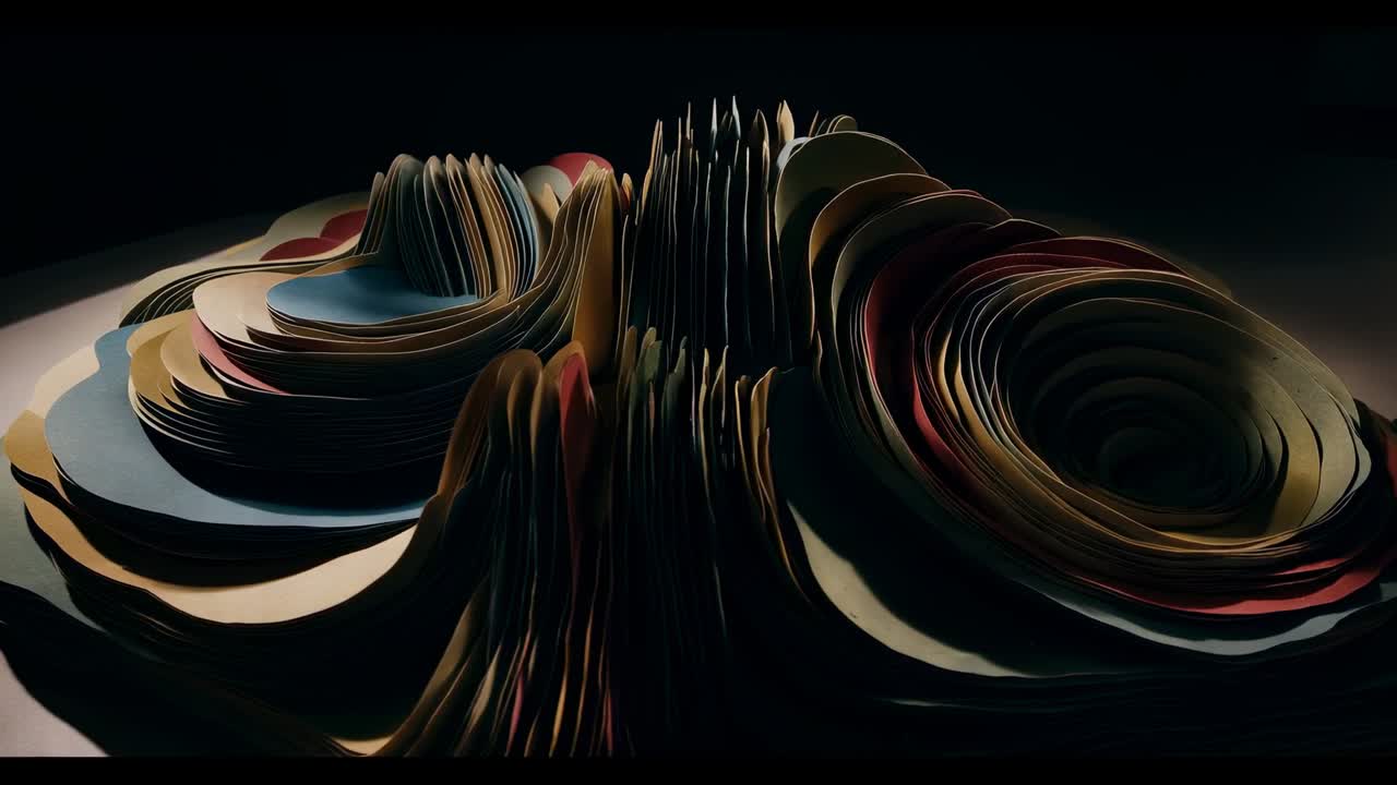 Approaching camera revealing stacked paper sculpture on studio table, emphasizing colored layers