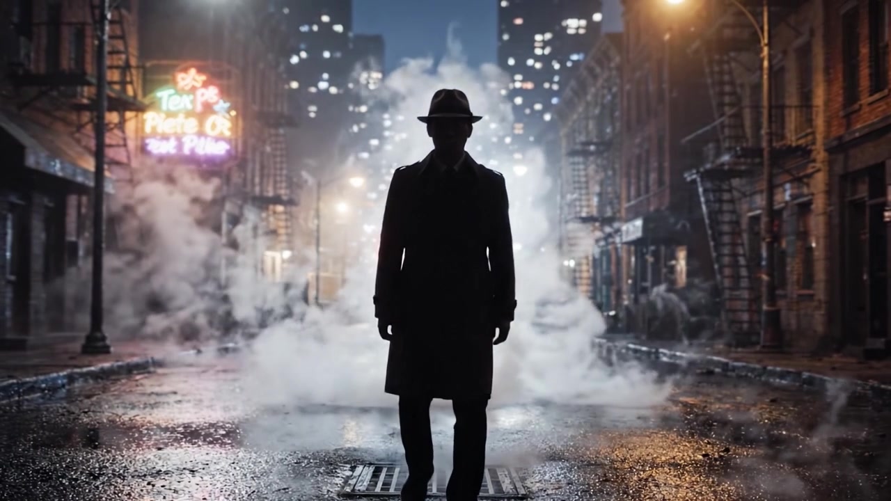 Figura Misteriosa in un Paesaggio Urbano Nebbioso: Un Detective Enigmatico si Staglia in una Silhouette Ombreggiata Contro uno Sfondo di Luci della Città e Vapore che Sale dalla Strada