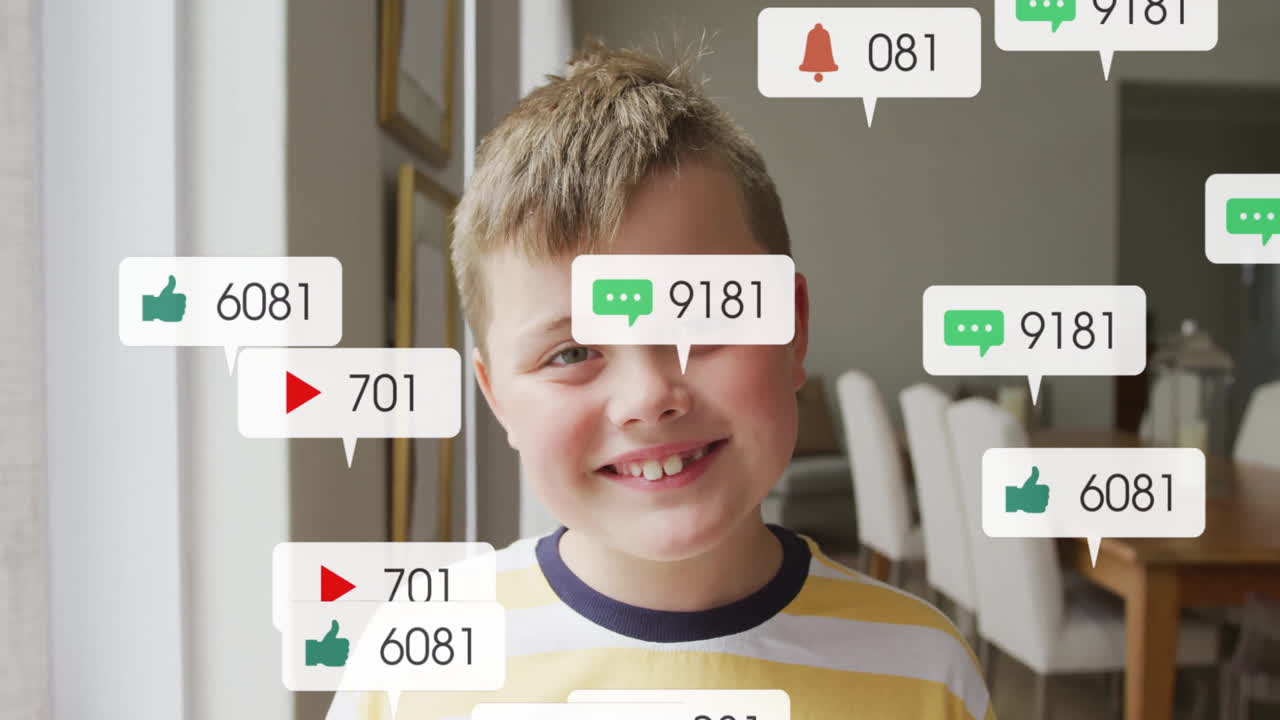 Social media notifications animation over smiling child in striped shirt