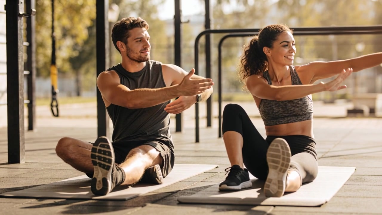 Pareja en forma con ropa deportiva calentando con estiramientos de brazos sincronizados en colchonetas al aire libre, con una correa TRX