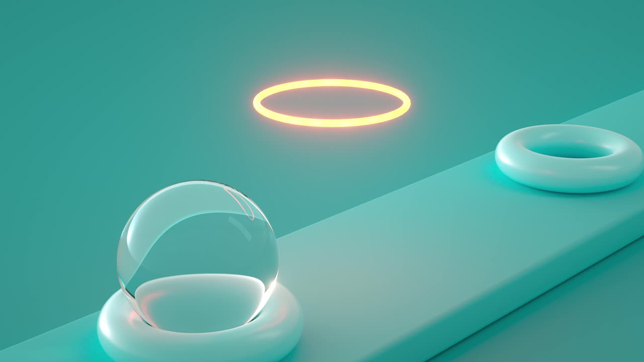 Transparent sphere gracefully descends through a ring onto a conveyor belt. 3D loop