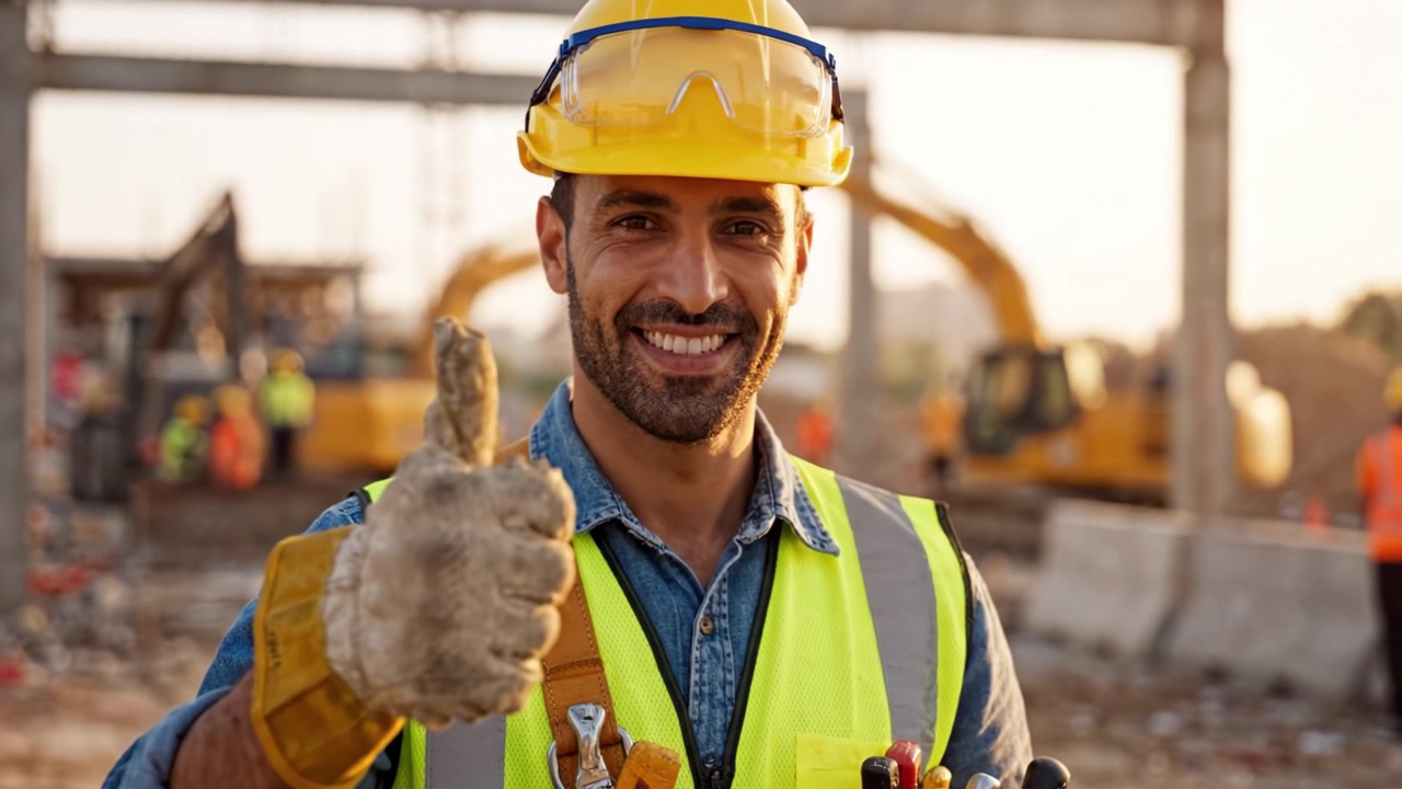 A joyful construction worker proudly shares his success while standing amid a bustling construction site, showcasing his tools and the progress of the project.