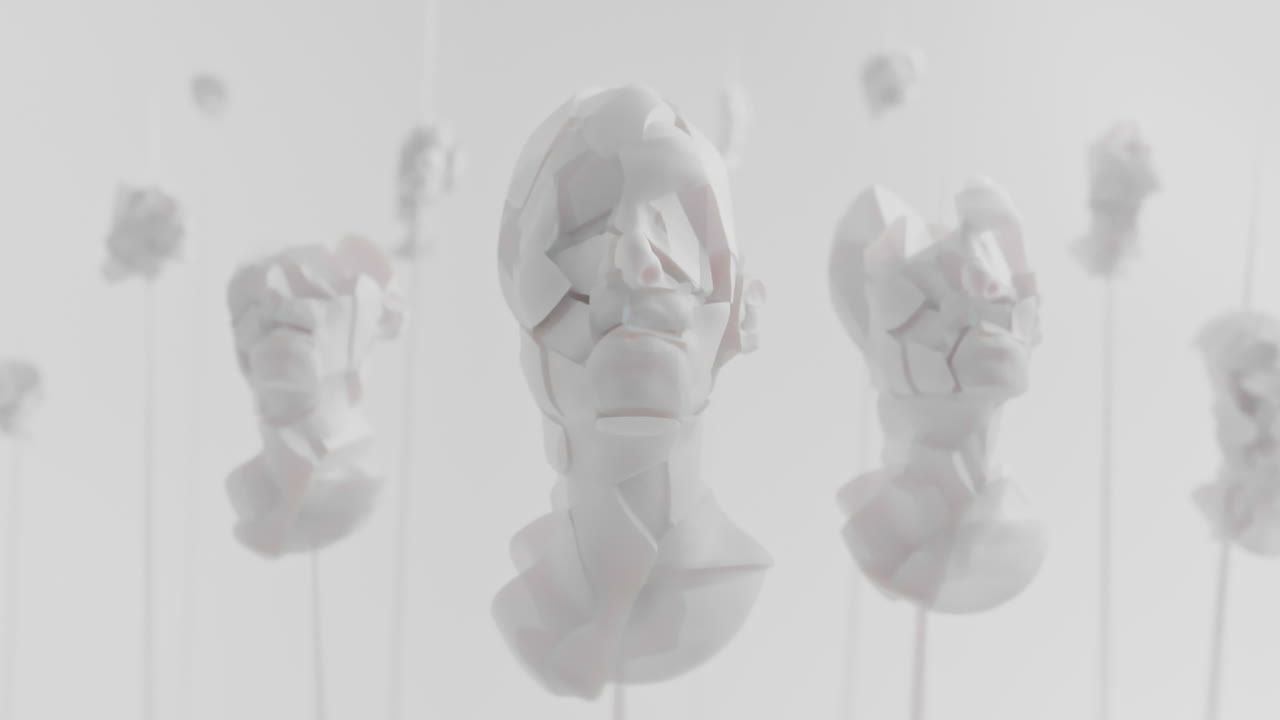 Multiple crushed android heads on spikes in white space