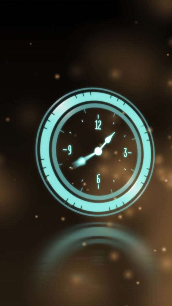 Animazione di orologio al neon che ticchetta su sfondo nero con macchie di luce.