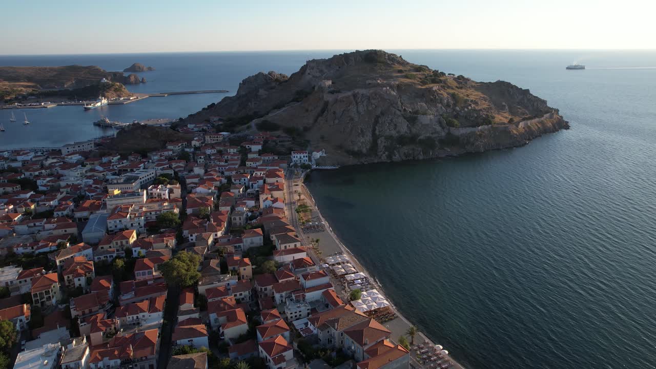 Myrina Limnos Greece Aerial Point of Interest Shot, Old Town Castle and Romeikos Gialos Pedestrian Street, Panoramic View