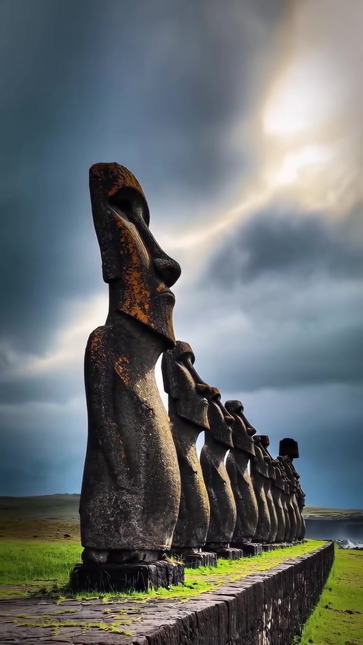 Antiche statue Moai sull'Isola di Pasqua sotto un cielo drammatico