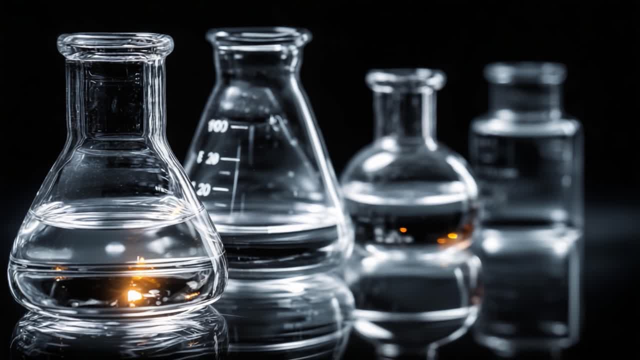 A Collection of Various Laboratory Glassware Reflecting Light in a Dark Environment, Showcasing Scientific Equipment Ideal for Experiments and Research