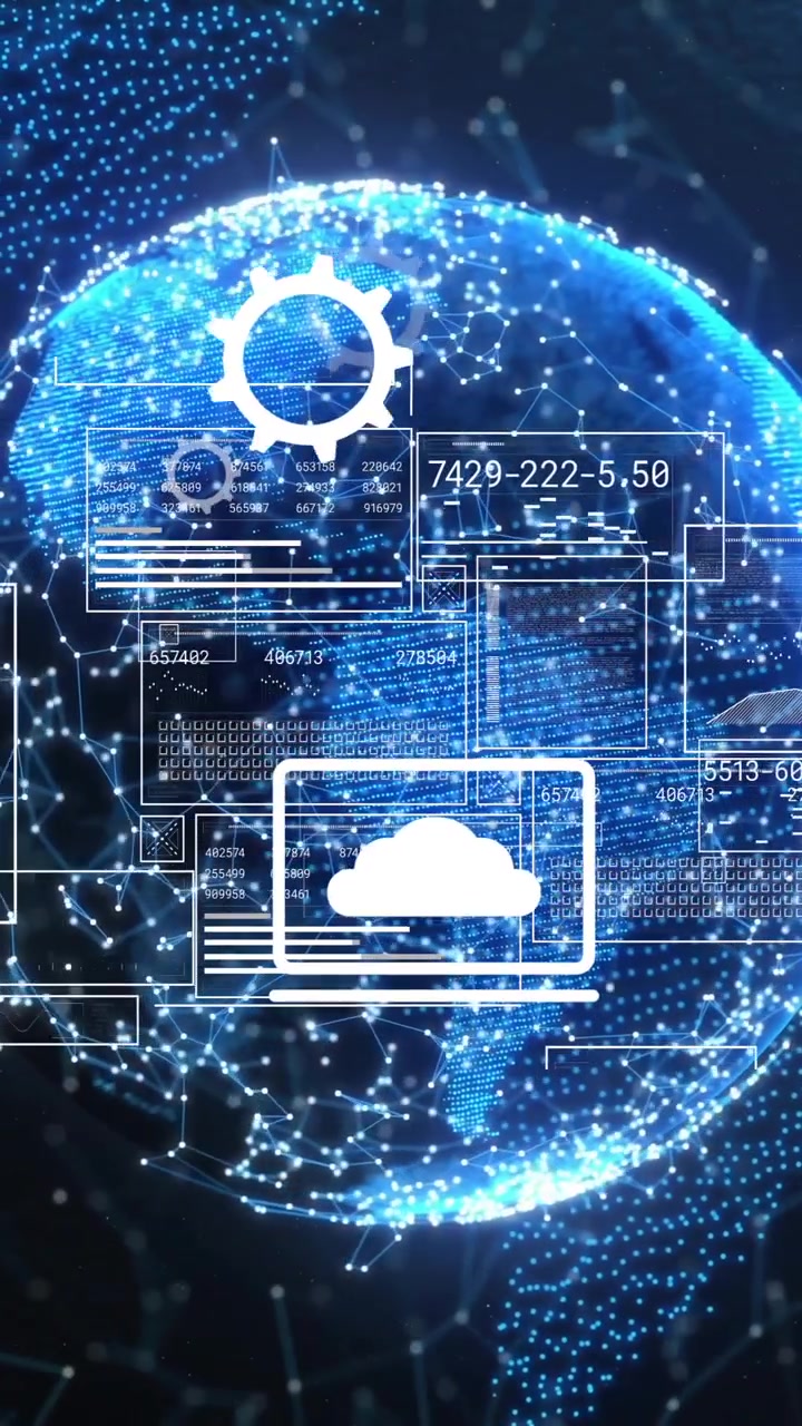 Animation of data processing over media icons and globe