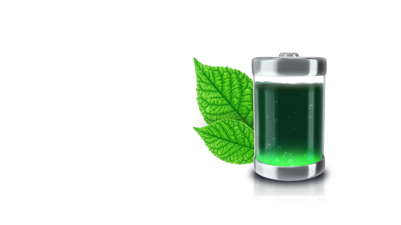 la batería ecológica está llena de líquido verde con hojas verdes sobre un fondo blanco