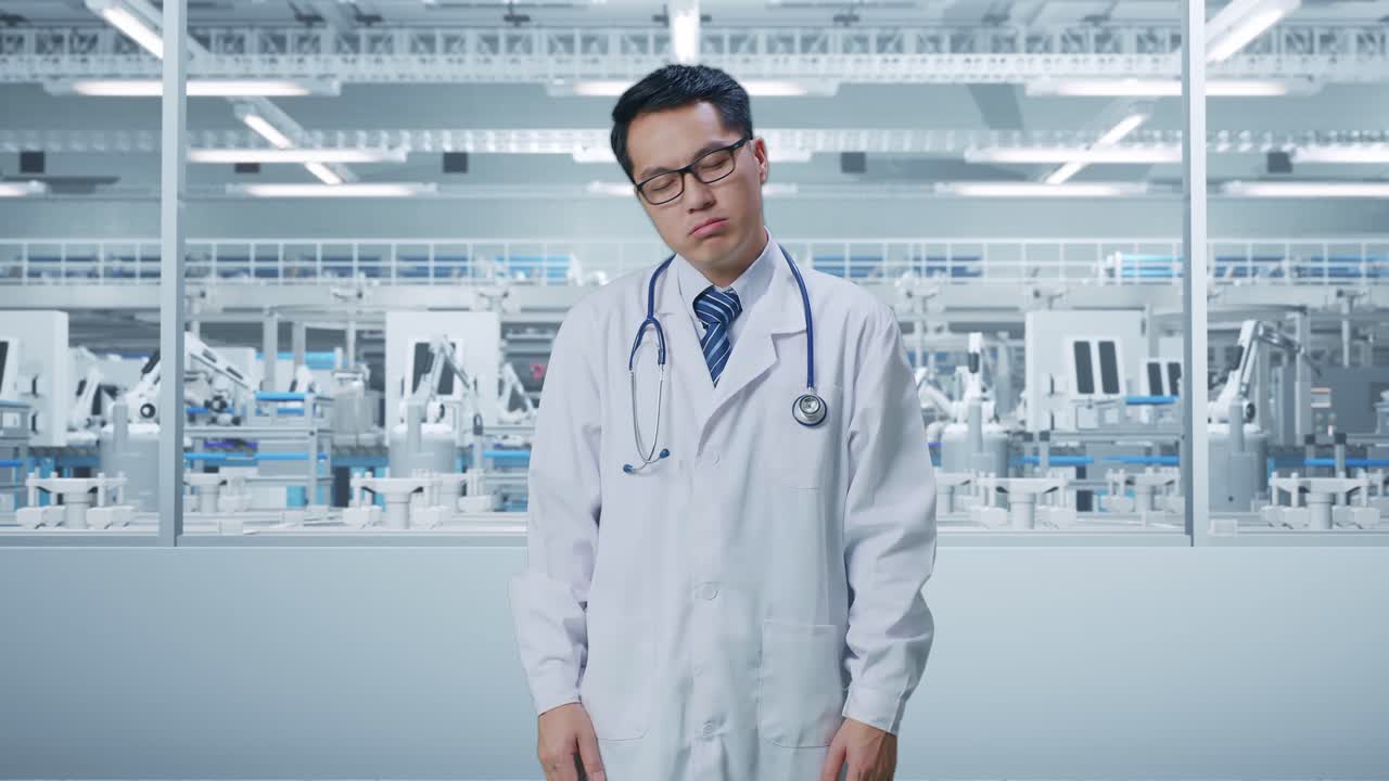 現代の工場でストレスを感じている医師。