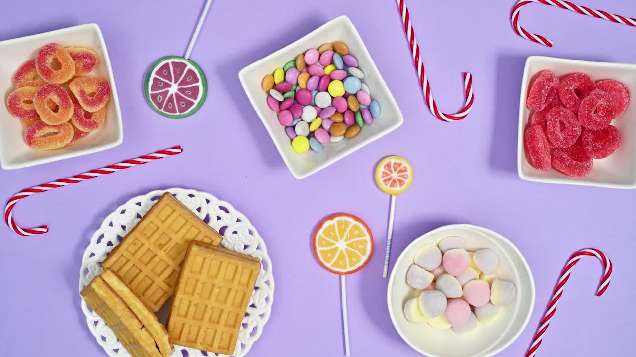 파스텔 보라색 배경에 사탕, 사탕, 릴리팝을 가진 창의적인 패턴.