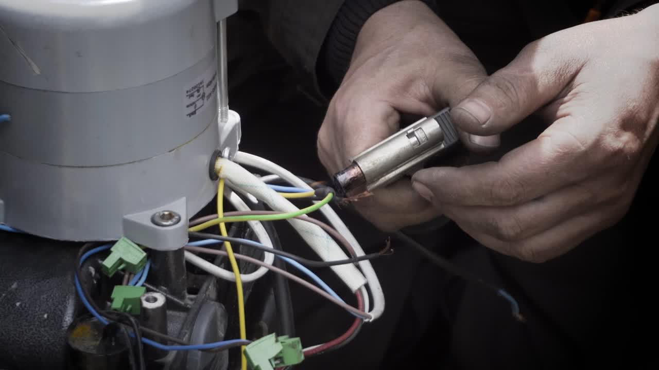 Soldering cambric on wires gas soldering iron, close-up.