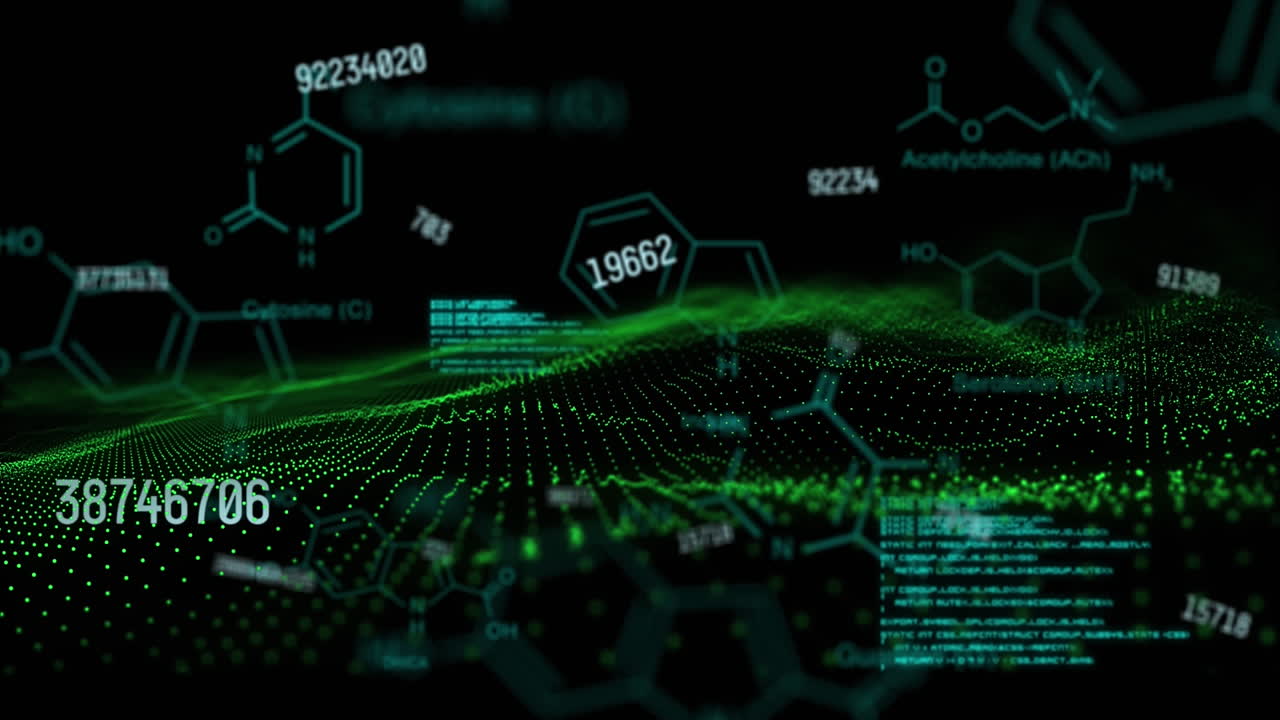 animación de números cambiantes, compuestos químicos y procesamiento de datos en la pantalla