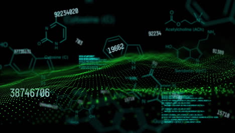 animation of numbers changing, chemical compounds and data processing on screen