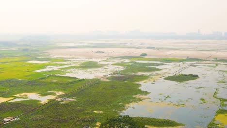 drone view of a farming area of rice cultivation with the skyline of dhaka city in the background.