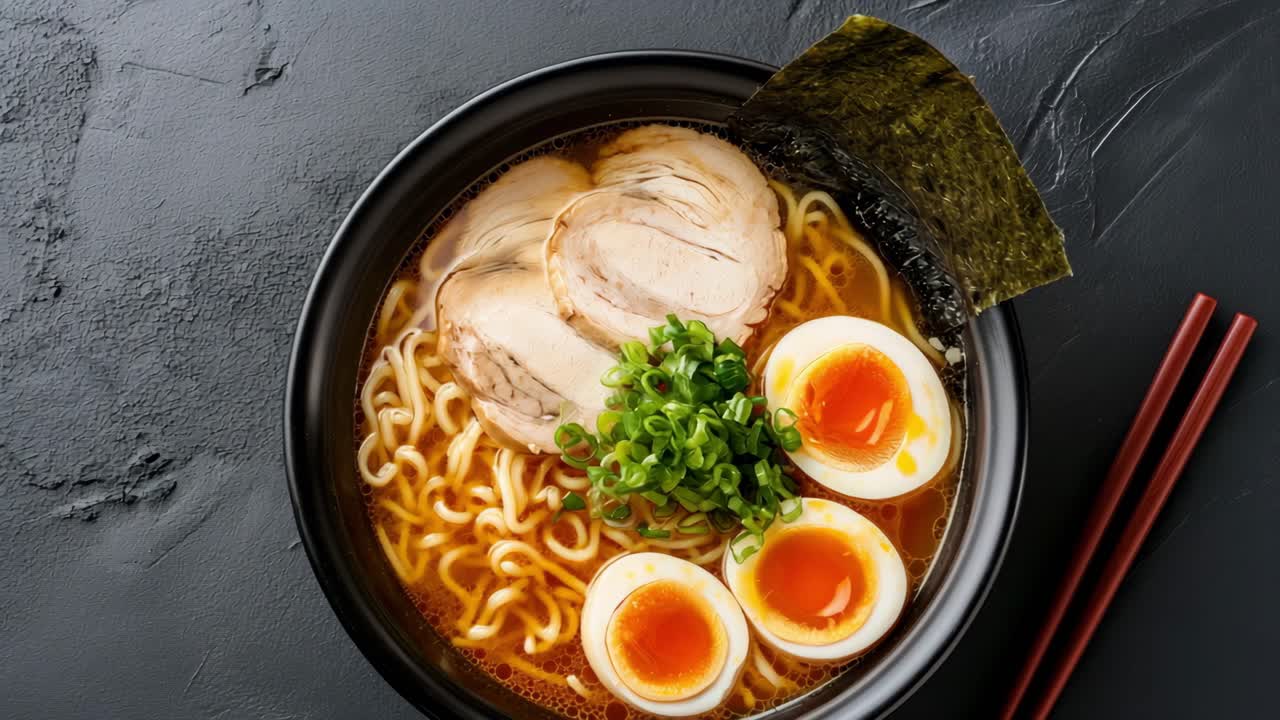 Steaming bowl of ramen features sliced chicken breast, soft boiled eggs, nori seaweed, and chopped green onions, creating a visually appealing and delicious Japanese noodle soup dish