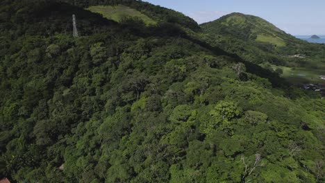 drone moviéndose hacia arriba revelando montañas de selva tropical atlántica y el océano detrás