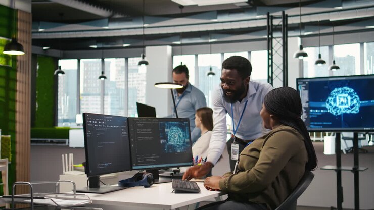 Happy Engineers Enjoying Funny Conversation At Desk While Using Ai