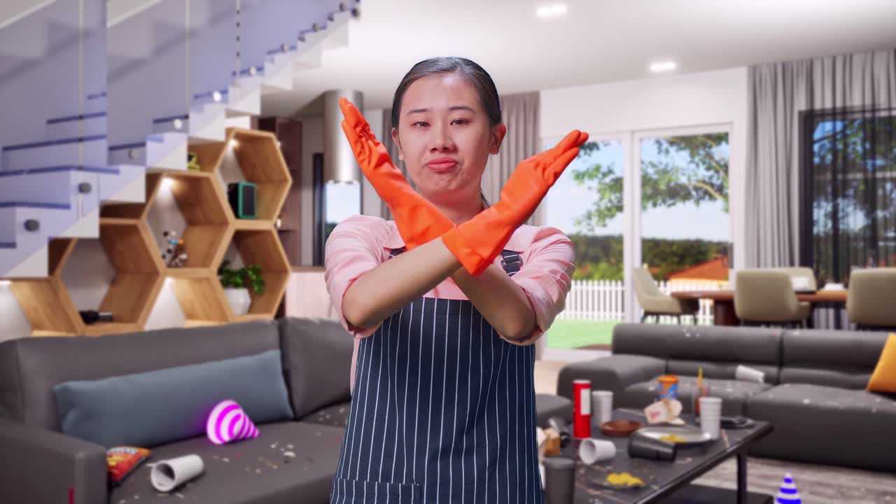 Unhappy House Cleaner Facing a Messy Living Room