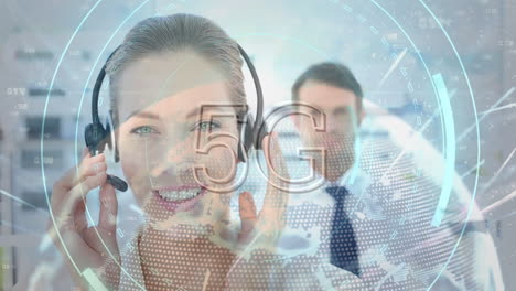 animation of globe and 5g text over business woman using phone headset