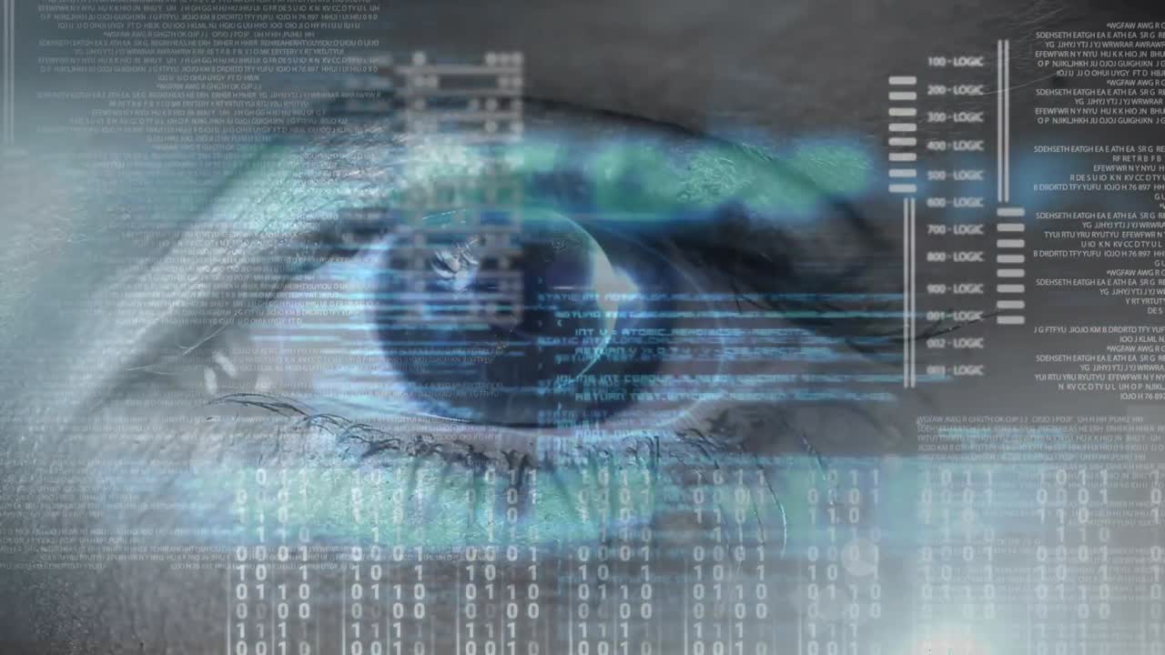 animazione dell&#x27;elaborazione dei dati e codifica binaria sull&#x27;occhio blu
