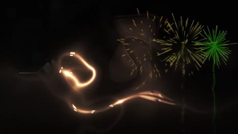 animación digital de banner de texto de feliz navidad sobre fuegos artificiales explotando contra un fondo negro