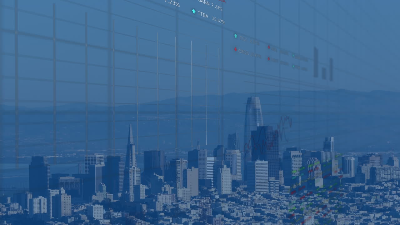 都市風景上のデータ処理のアニメーション