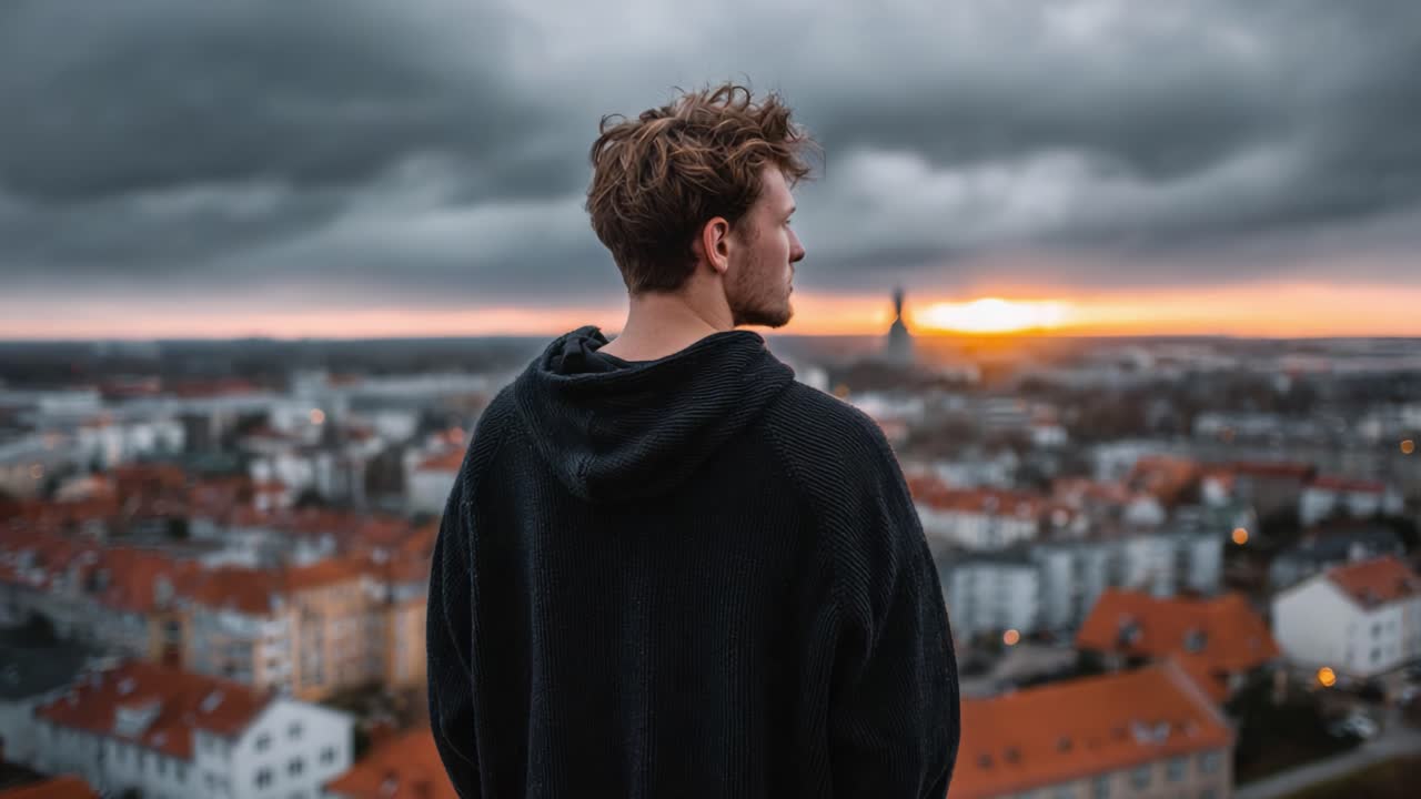 A contemplative figure gazes over a scenic urban landscape at sunset, surrounded by dramatic clouds, invoking a sense of tranquility and introspection