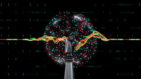 Animation-of-robot's-arm-globe-with-connections-and-data-processing-over-black-background