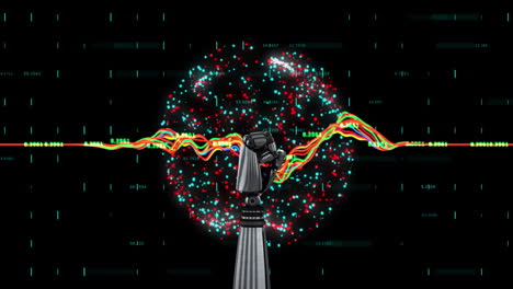 animación del globo del brazo del robot con conexiones y procesamiento de datos sobre fondo negro
