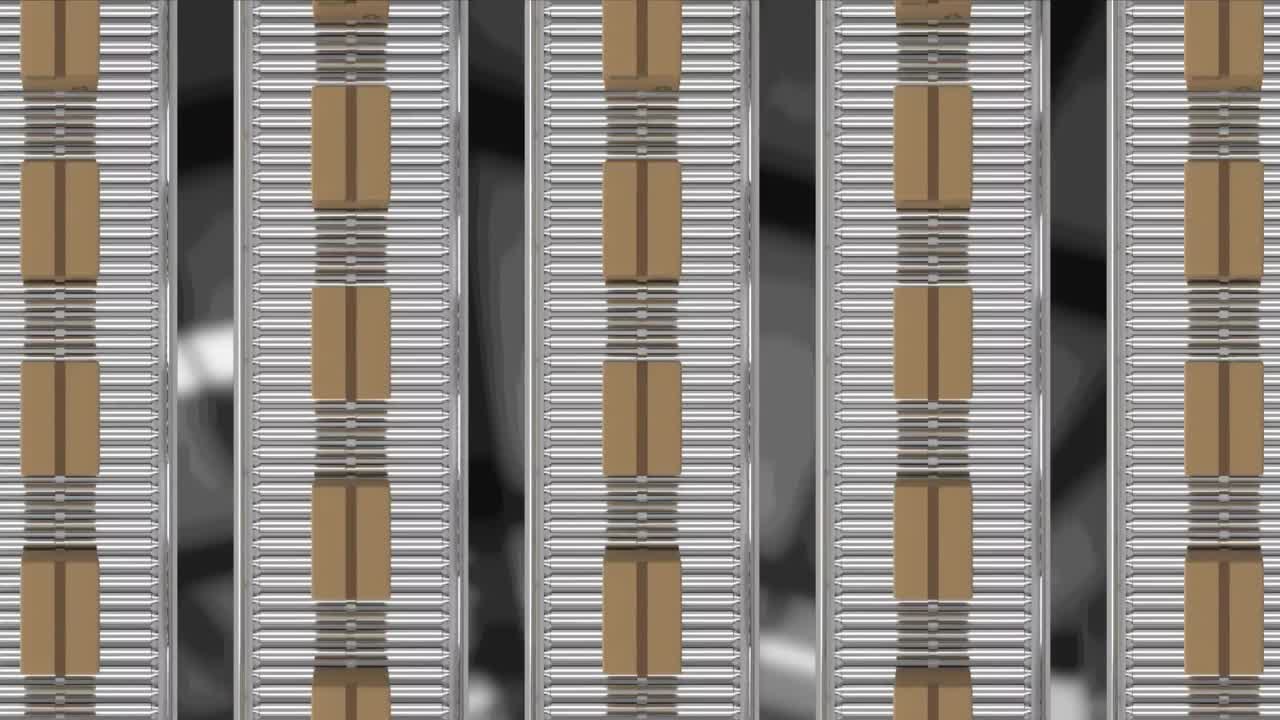 창고 위에서 컨베이어 벨트에 움직이는 카드보드 상자의 애니메이션